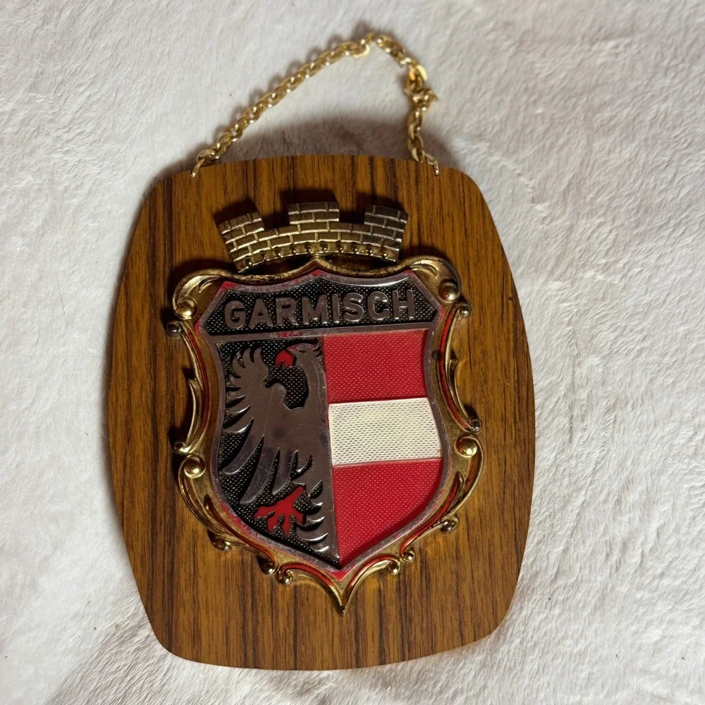 Garmisch (Germany) Wall Hanging Plaque Shield Crest on Wood Base 1970s Vintage